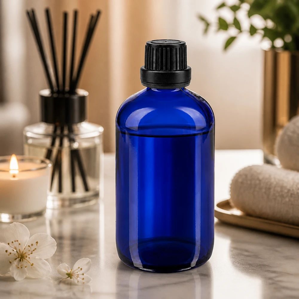 Flacon de pharmacie bleu 100ml bouchon vissable noir bouchon inviolabilité Flacon en verre bleu foncé de 100 ml avec bouchon OV, idéal pour l'aromathérapie et le bien-être