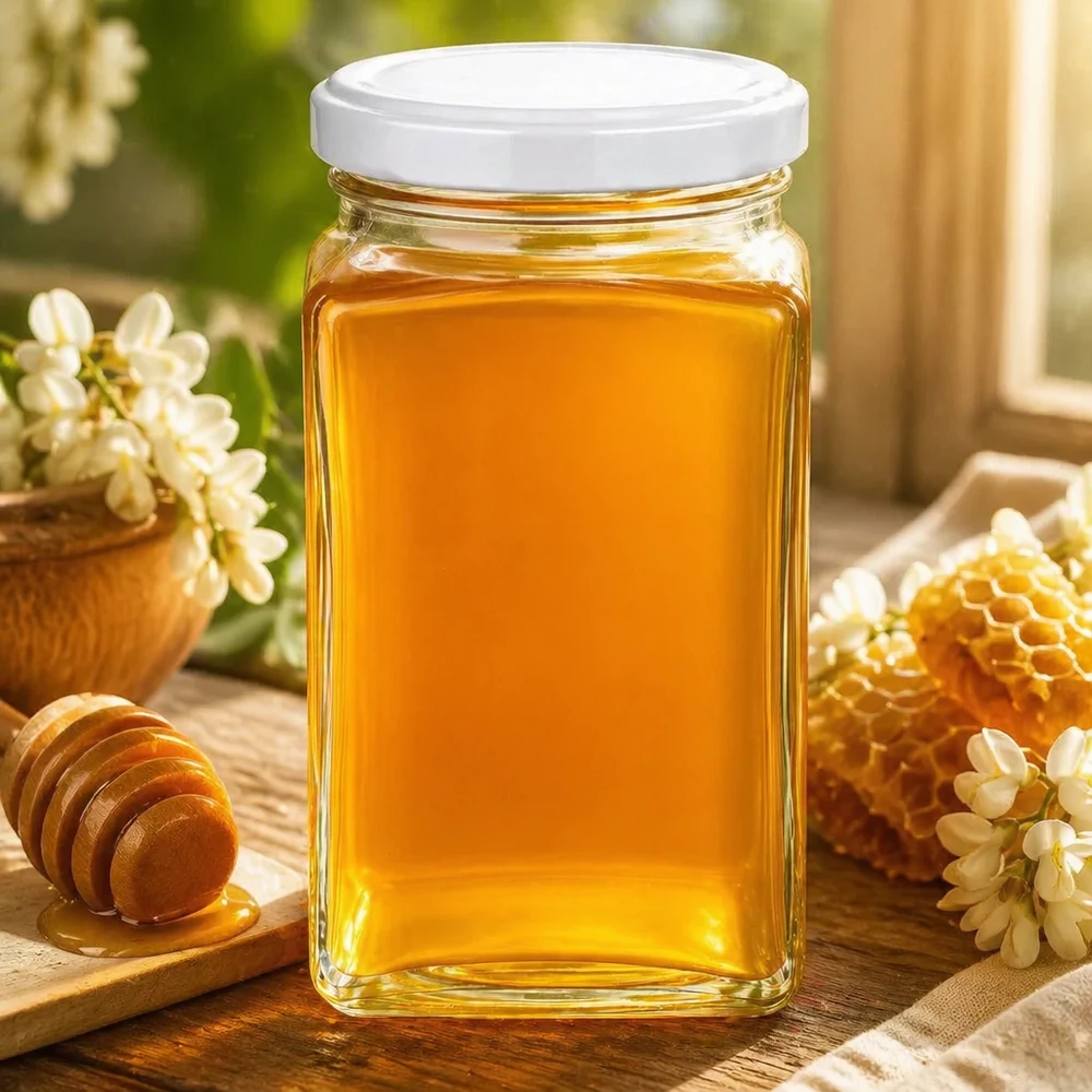 260ml Tetraglas avec couvercle BasicSeal blanc UNiTWIST Tétralogue de 260 ml avec couvercle blanc rempli de miel jaune doré à côté des rayons et cuillère en bois décoration naturelle