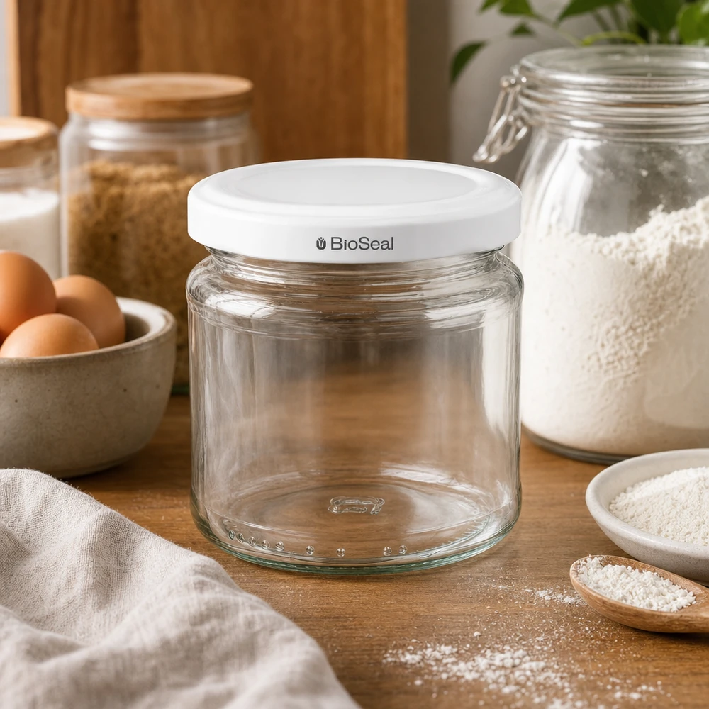 212ml Verre rond avec couvercle BioSeal blanc UNiTWIST UNiTWIST Runda212 Bocal en verre vide avec couvercle blanc TO66 BioSeal dans la cuisine entre la farine les œufs et les ingrédients de cuisson