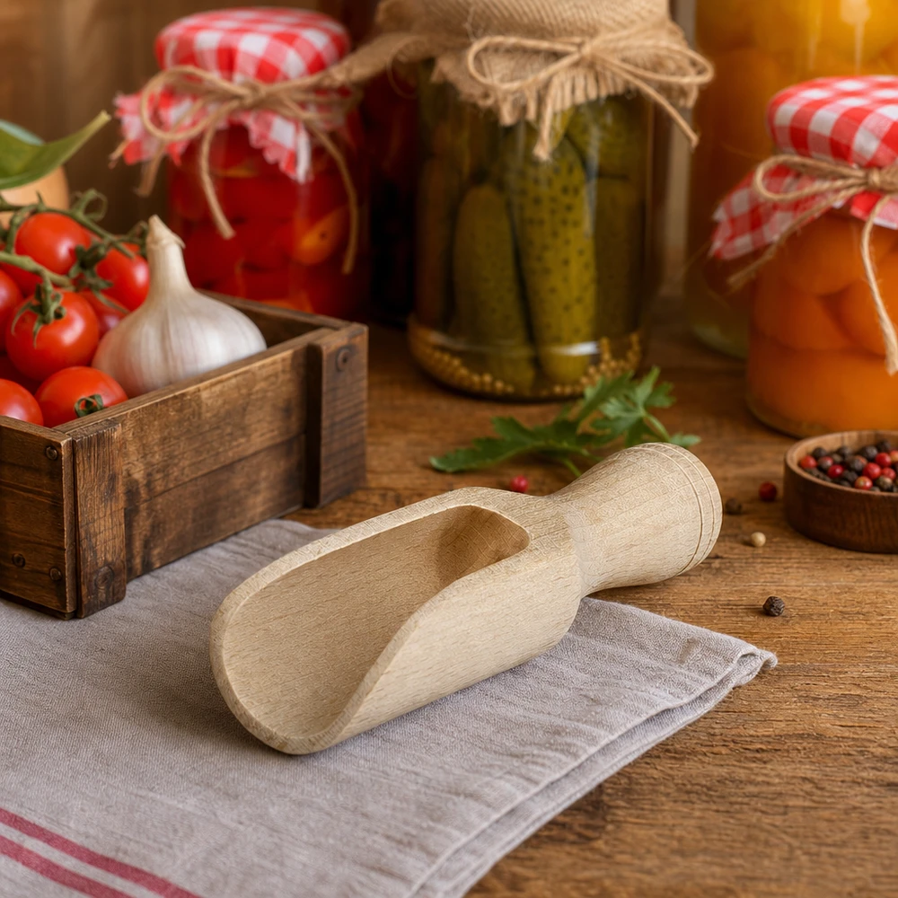Pelle en bois taille S forme semi-circulaire - 75mm de long Petite pelle en bois de hêtre 7,5cm dans une cuisine rustique avec des légumes marinés et des tomates fraîches Ambiance Lifestyle
