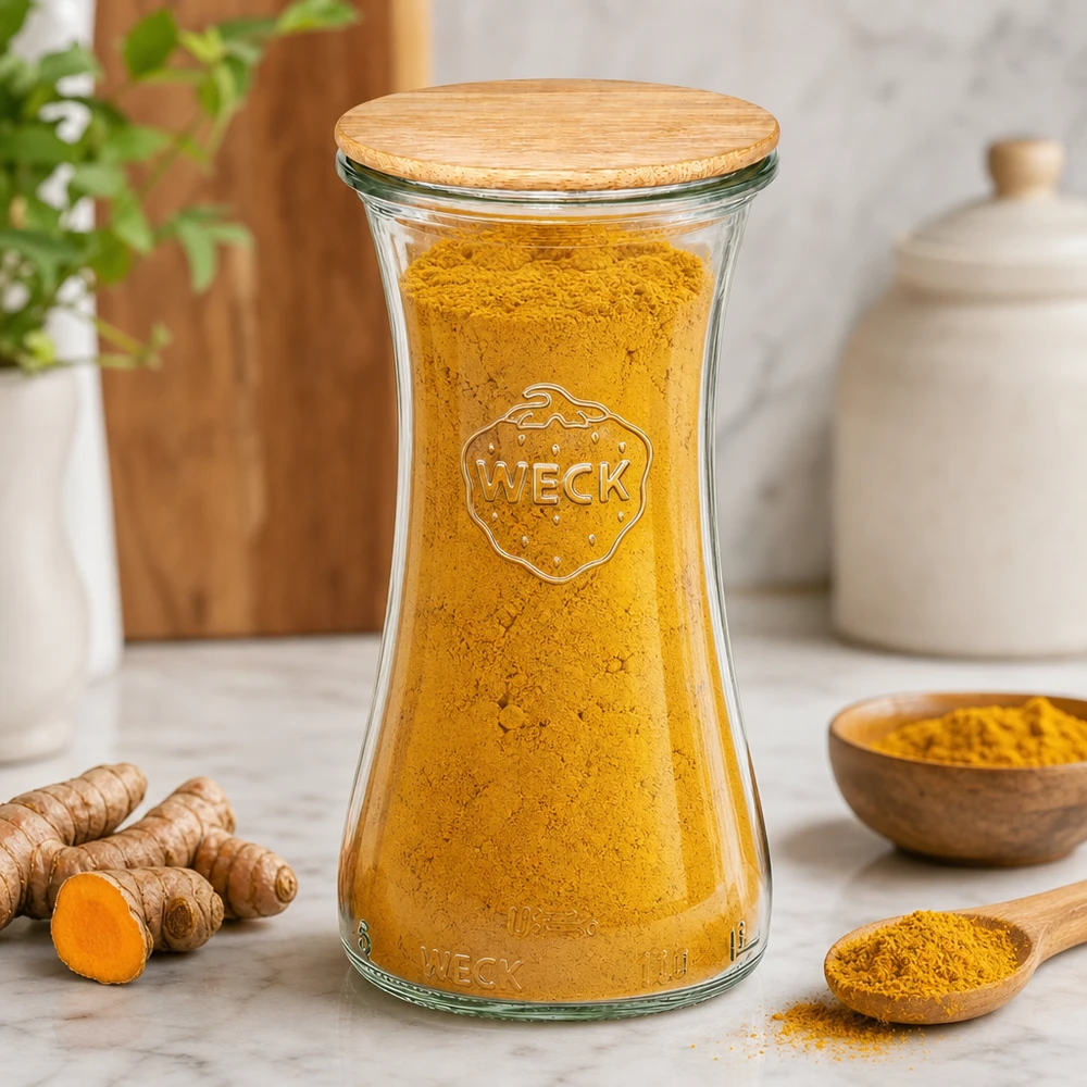 WECK Pot 100ml RR40 avec couvercle en bambou rempli de poudre de curcuma, racines de curcuma fraîches et cuillère en bois
