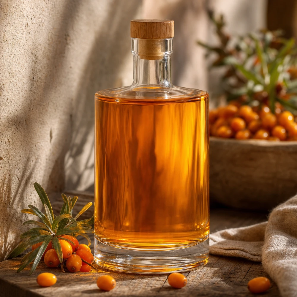 Bouteille en verre 700 ml « Marie » avec bouchon en bois UNiTWIST® Bouteille en verre Marie de 700 ml au contenu ambré à côté de l'argousier et d'une décoration rustique dans une lumière chaude