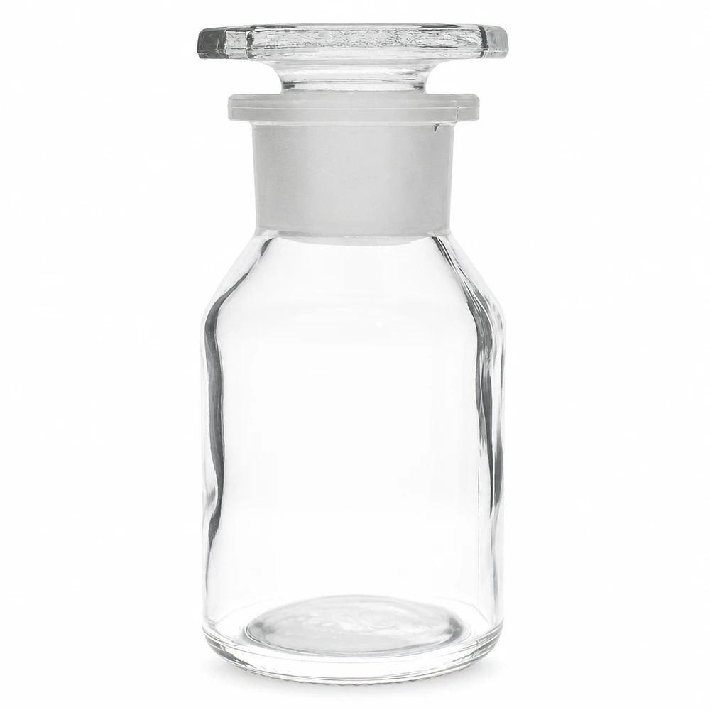 Flacon à col large et conique 50 ml en verre clair + bouchon de verre Petit flacon de laboratoire de 50 ml à col large, muni d'un bouchon en verre, adapté aux substances chimiques