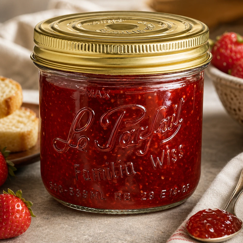 Pot de 539 ml Familia Wiss avec couvercle doré rempli de confiture rouge à côté de fraises fraîches et de pain