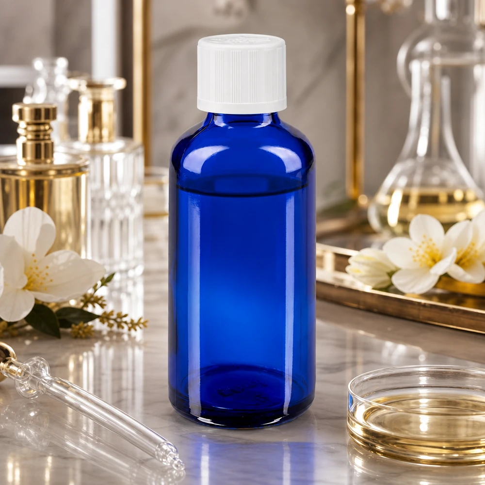 Flacon de pharmacie bleu cobalt de 50 ml avec bouchon blanc KiSi, présenté dans un élégant décor de laboratoire en marbre doré
