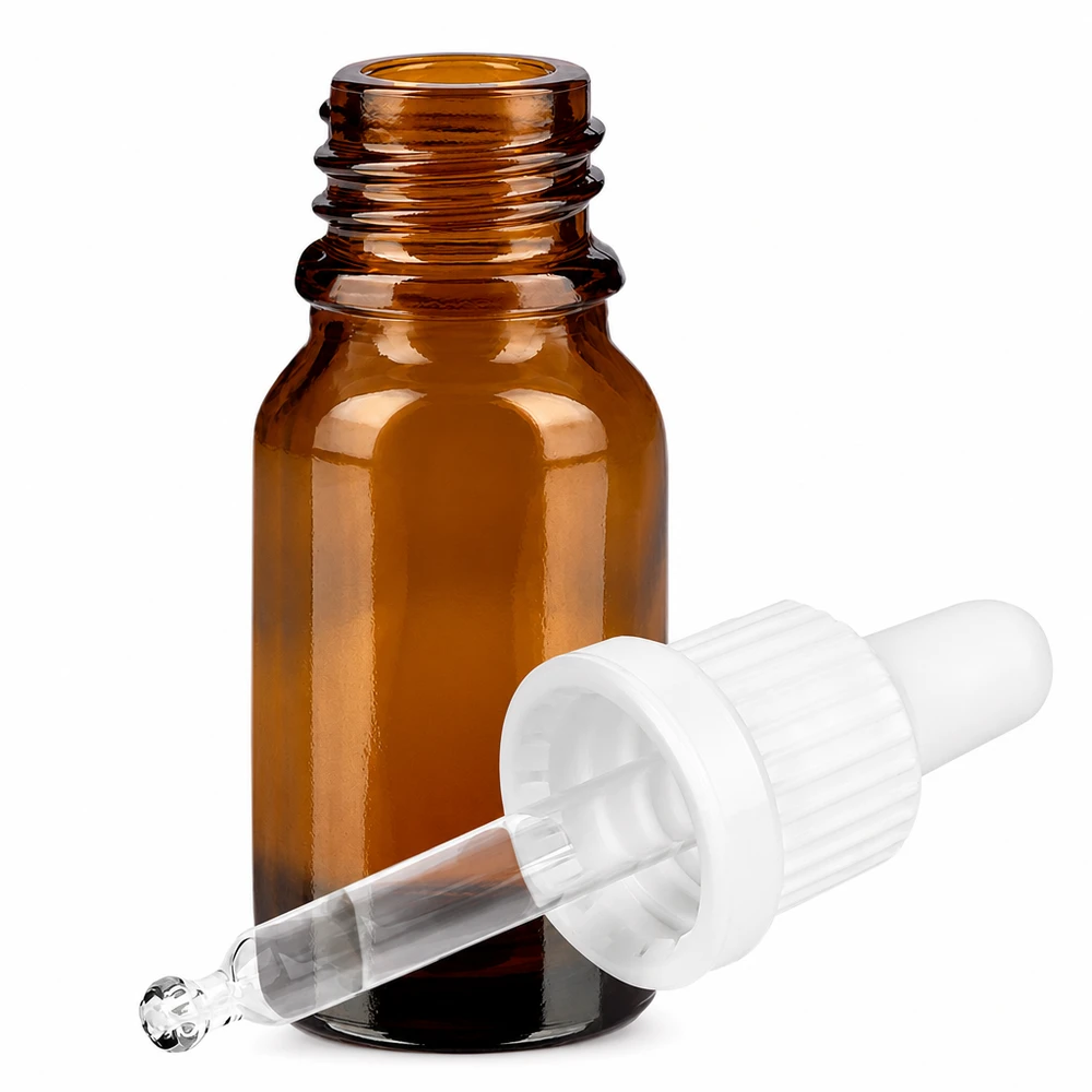 Flacon à pipette 10ml blanc OV BrownLine UT18/10 Flacon en verre brun de 10ml avec pipette et bouchon blanc pour laboratoire et cosmétique