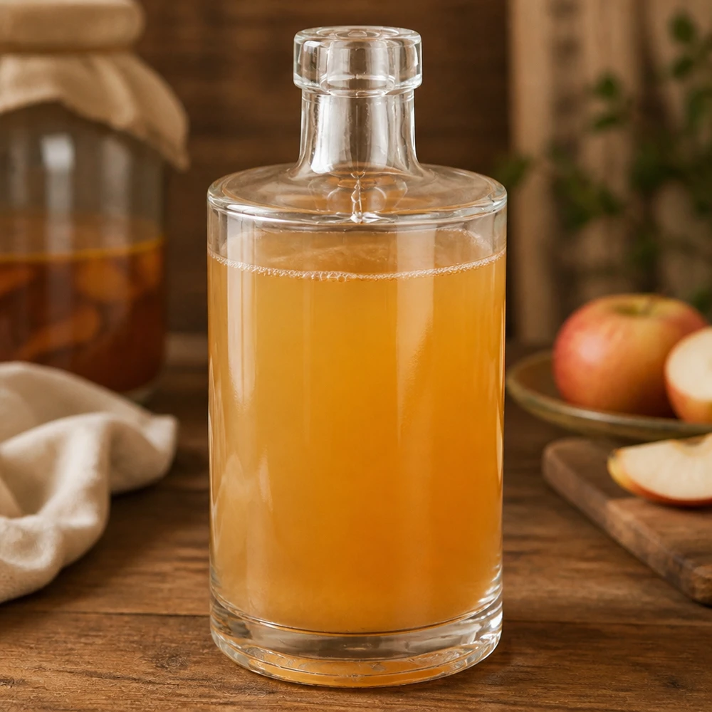 Bouteille en verre 350 ml « Marie » sans bouchon UNiTWIST® 350ml Bouteille en verre Marie remplie de jus de pomme décor rustique pommes fraîches table en bois naturel Image 8 sur 10
