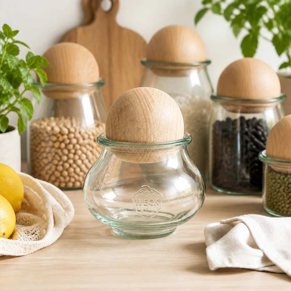 560ml bocal décoratif WECK RR80 avec boule en bois en hêtre WECK Bocal à bijoux 560ml RR80 Boule de hêtre Organisation de cuisine Set de boîtes à provisions Citrons Céréales Légumineuses