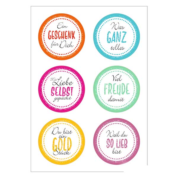 Sticker « Joie » (12 autocollants avec paillettes) ø34mm | 2 feuilles = 12 autocollants en papier.