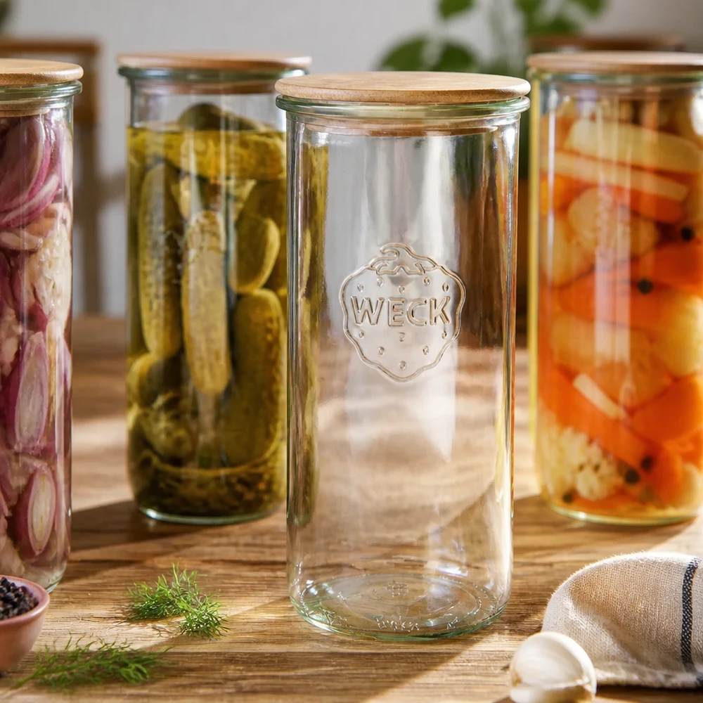 WECK Bocal 1500ml RR100 avec couvercle en bois entre des légumes marinés sur une table en bois scène de cuisine rustique