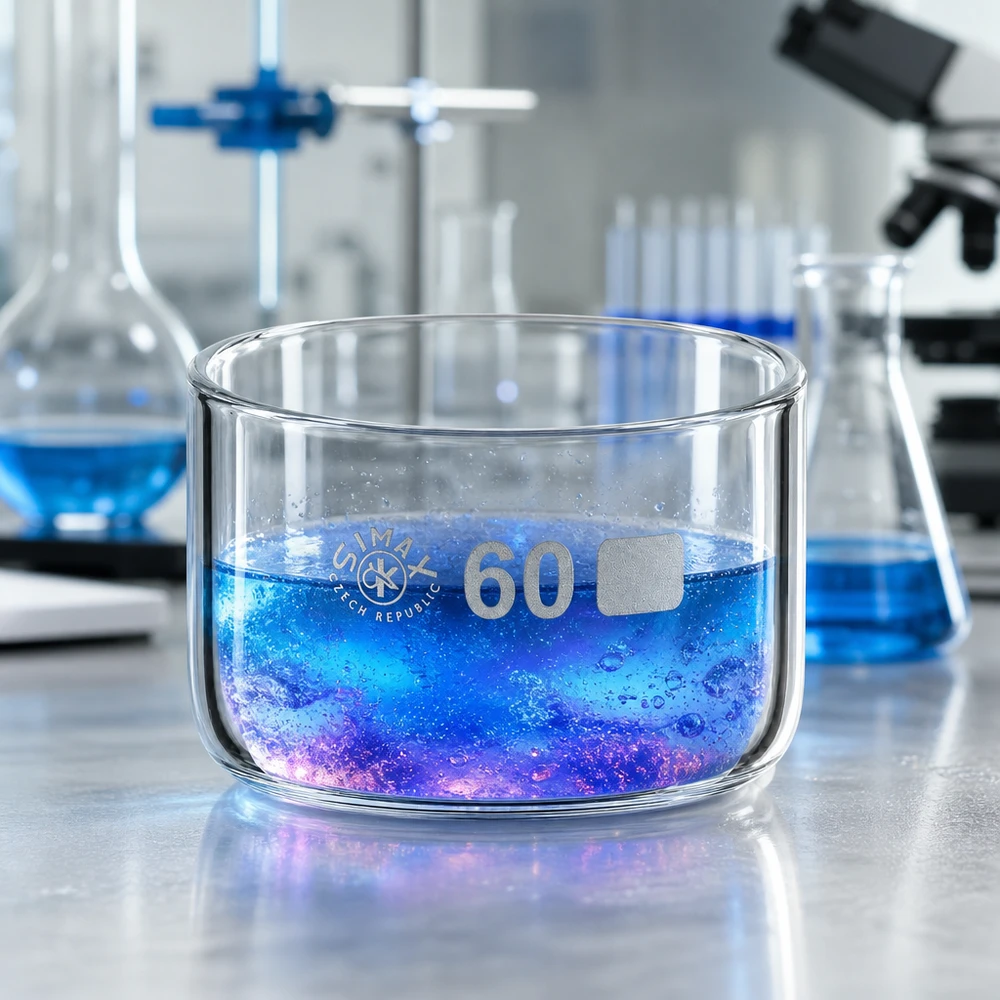 Bol en verre borosilicaté Simax de 60 ml sans bec verseur ; prend une teinte bleu-violet lors d'une réaction chimique