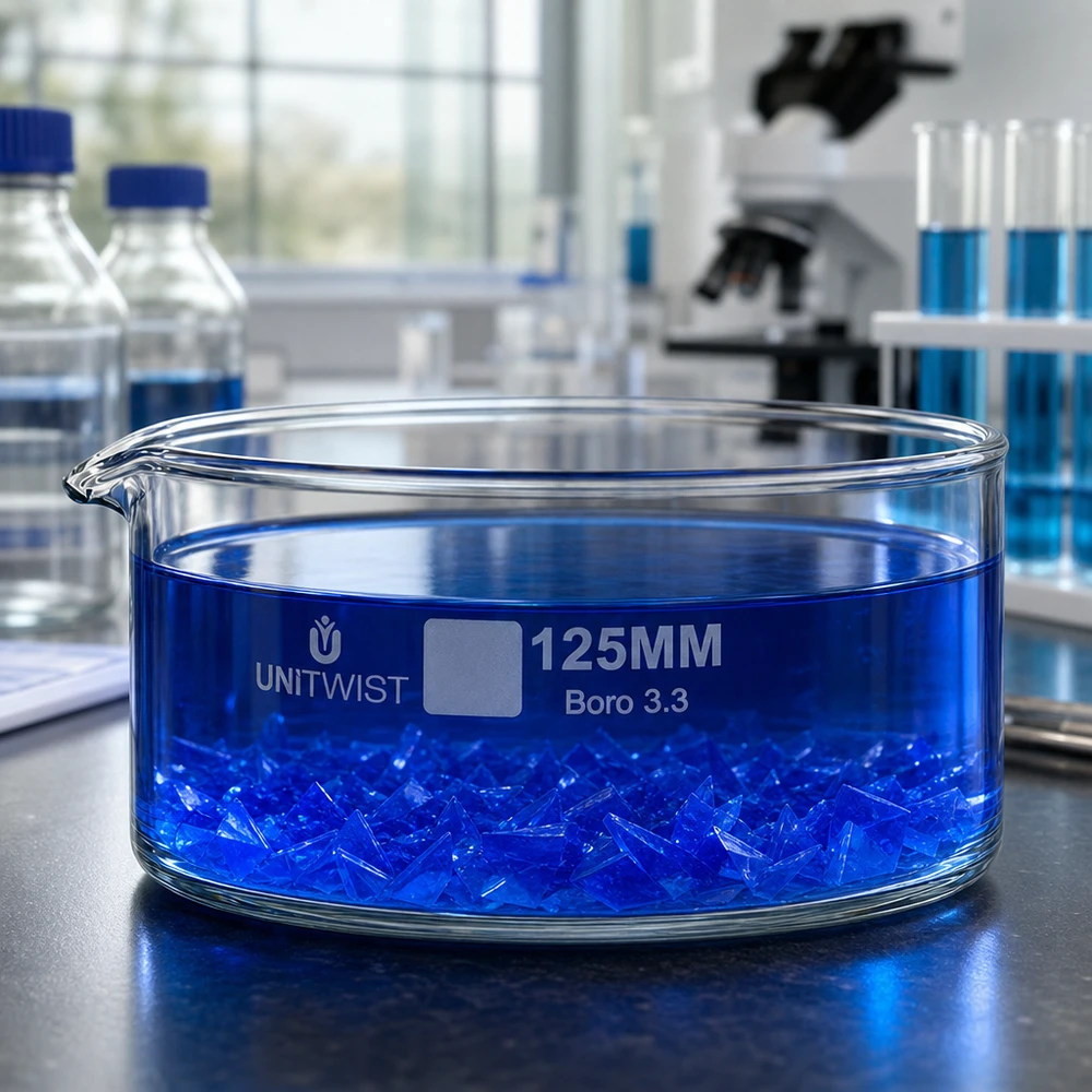 Coupelle de cristallisation ø 125 mm UNiTWIST en verre borosilicaté avec processus de cristallisation d'une substance bleue