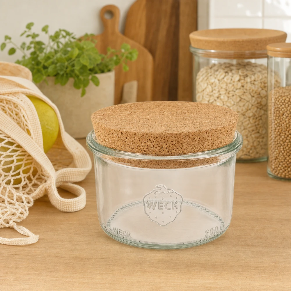 200ml bocal conique WECK RR80 avec bouchon nature WECK Pot renversé 200ml RR80 avec couvercle en liège dans la cuisine durable Zero-Waste entre les bocaux à provisions et les sacs en jute