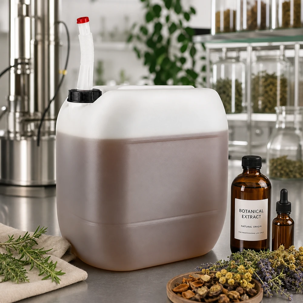 Bidon en PEHD de 30 litres avec bec verseur flexible, à côté d'herbes aromatiques et de bouteilles en verre ambré