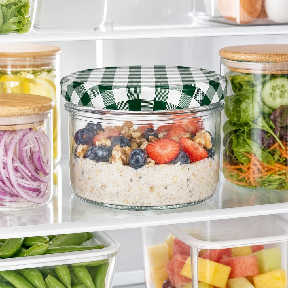230ml Verre cylindrique avec couvercle BasicSeal vert/blanc UNiTWIST Bocal de 230 ml avec Overnight Oats et baies dans le réfrigérateur à côté d'autres récipients Meal-Prep