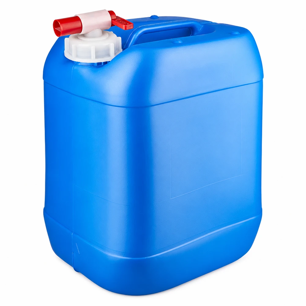 Bidon robuste de 20 litres, de couleur bleue, équipé d'un robinet pratique pour l'eau et les liquides