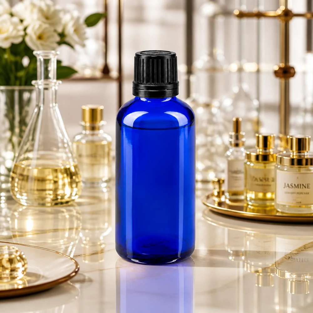 Flacon en verre de 50 ml, bleu cobalt, de type pharmacie, avec bouchon d'origine de 8 mm, pour huiles essentielles