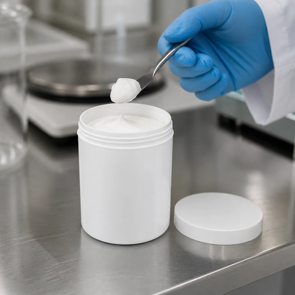 Pot en PP blanc de 100 g pour pommades et crèmes, avec bouchon à vis ouvert