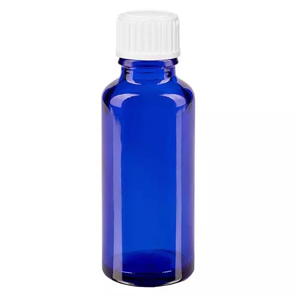Flacon de pharmacie bleu 30ml bouchon compte-gouttes blanc 0.8mm std