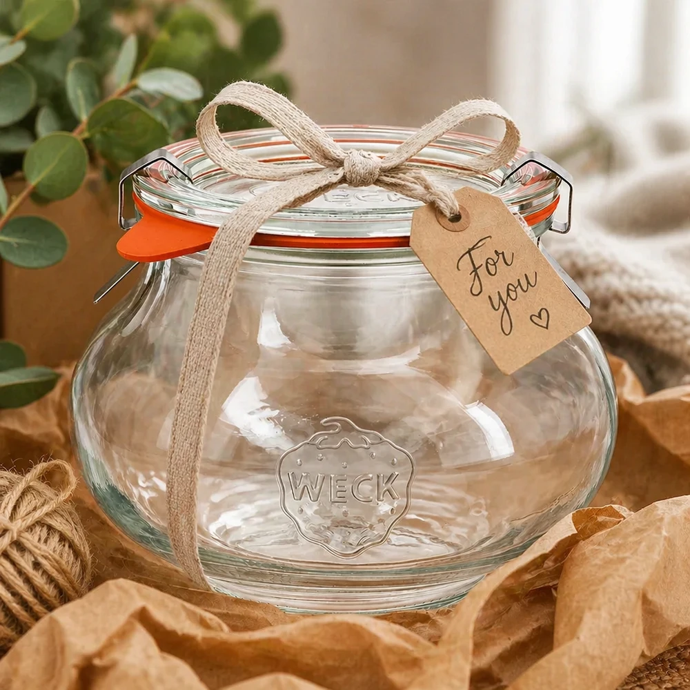 WECK Verre à bijoux 560ml emballé de manière décorative avec ruban et étiquette cadeau, présenté comme une idée de cadeau