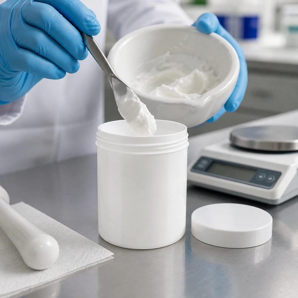 Préparation dans un pot blanc de 20 g en PP muni d'un couvercle à vis, avec des mains gantées de bleu