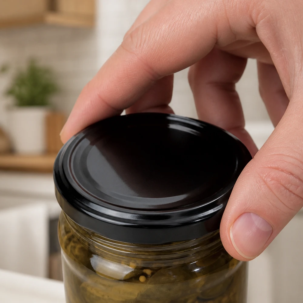 Couvercle BasicSeal noir de 43 mm (TO43) UNiTWIST Bouchon à vis UNiTWIST TO43 BasicSeal noir sur un bocal en verre contenant des conserves au vinaigre