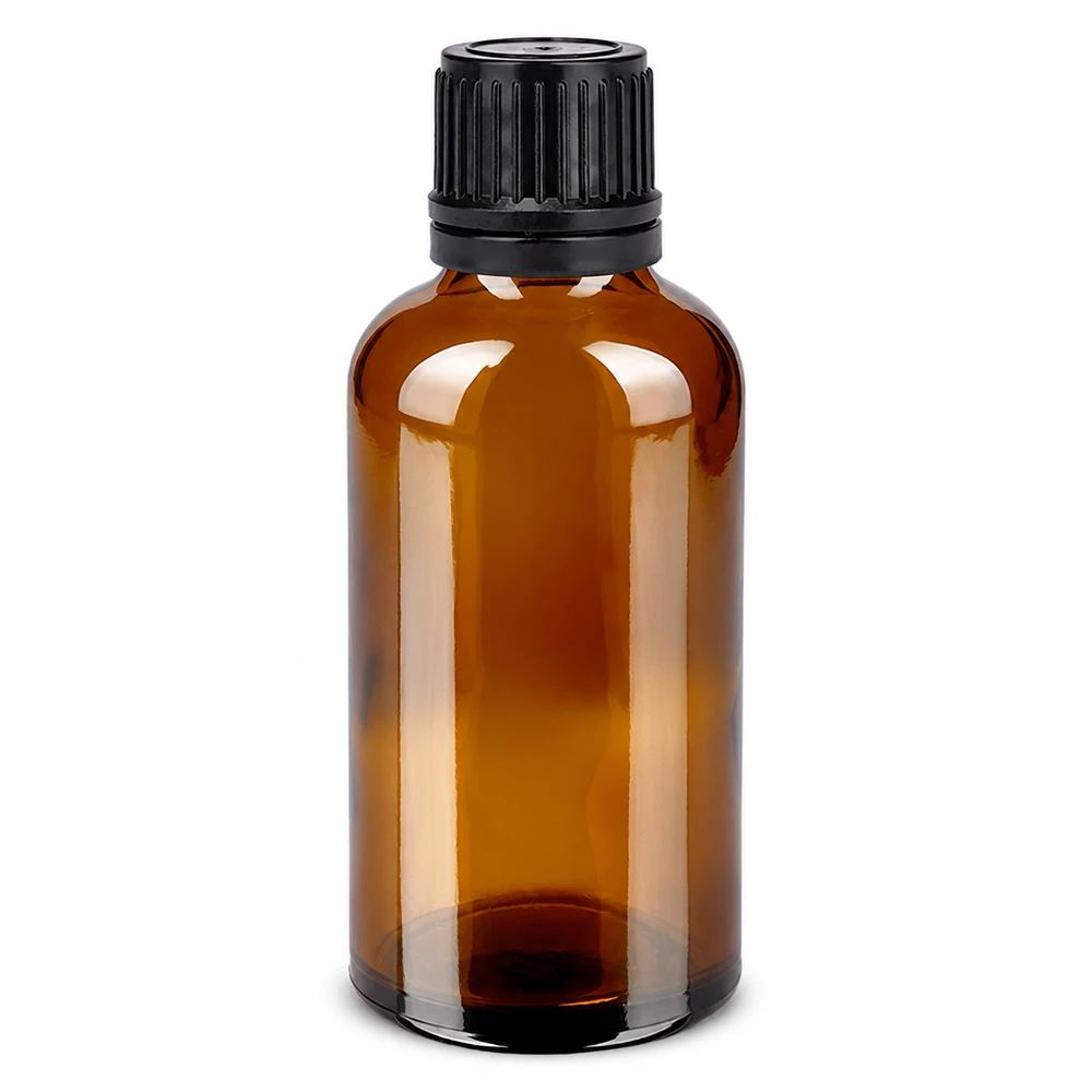 Flacon 50ml 11mm SV noir OV BrownLine UT18/50 Flacon en verre brun de 50ml avec bouchon à vis noir pour huiles essentielles et cosmétiques