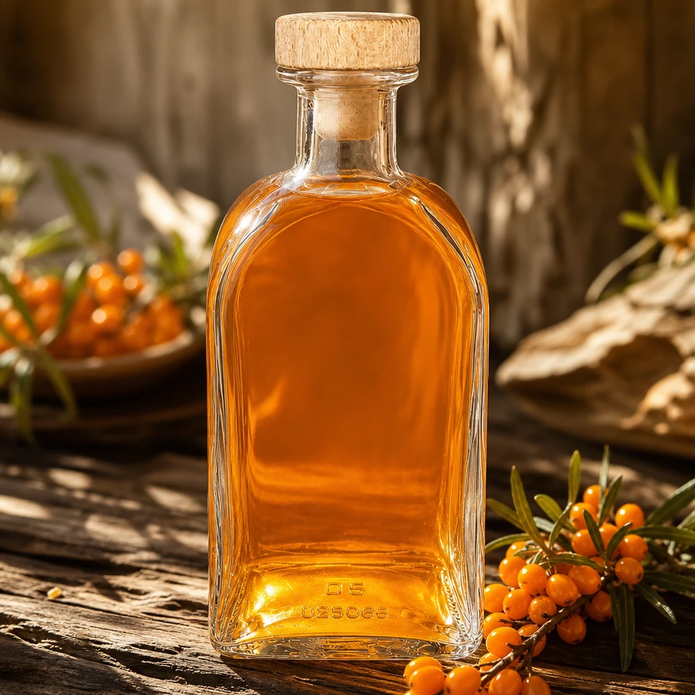 Bouteille en verre Julia de 500 ml avec bouchon en bois remplie de liquide ambré sur table en bois avec baies d'argousier