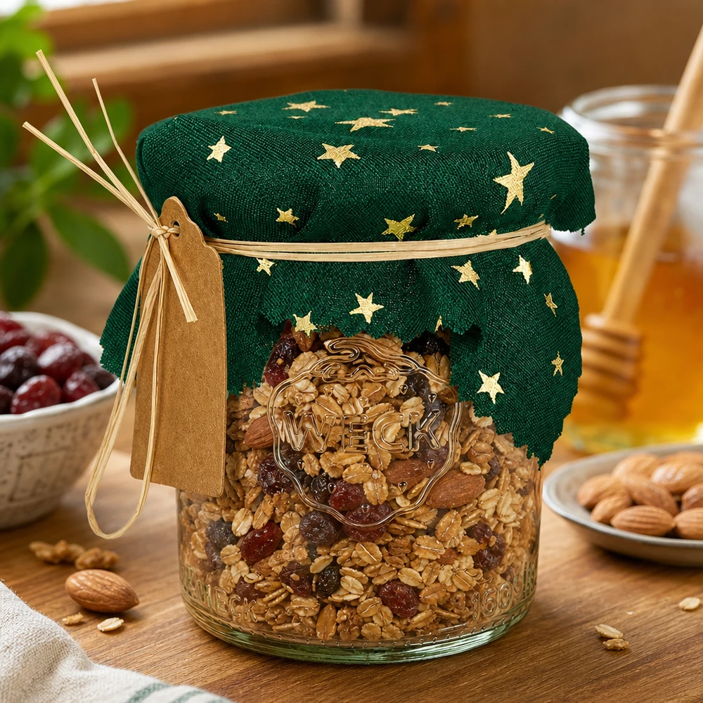 Couvercle en tissu étoiles vertes 120x120mm carré Grünes Sterne-Schmuckdeckchen 12cm eckig auf Müsli-Glas mit Nüssen, dekorative Küchenaufbewahrung mit Naturbast