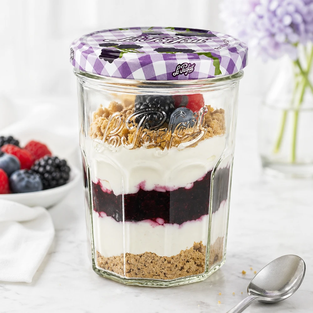 Le Parfait® Jam 385 ml Ø82 mm pot confiture Le Parfait Verre renversé 385ml rempli d'un dessert aux baies montre une utilisation polyvalente comme verre à dessert
