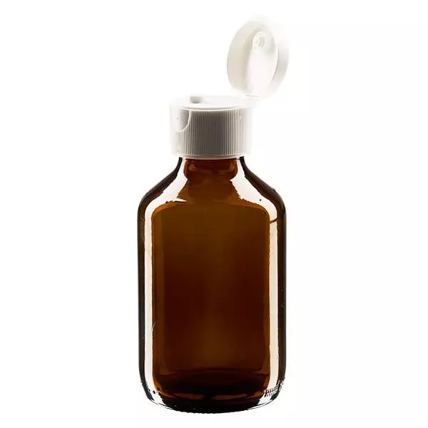 Flacon médical de 150 ml avec couvercle blanc à charnière