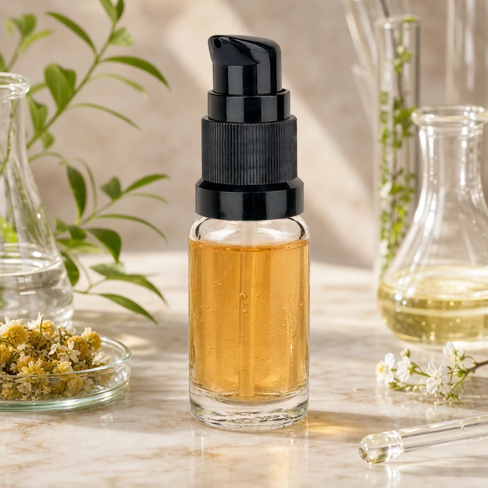Flacon transparent de 10 ml muni d'une pompe noire et contenant un sérum ambré, dans un environnement de laboratoire