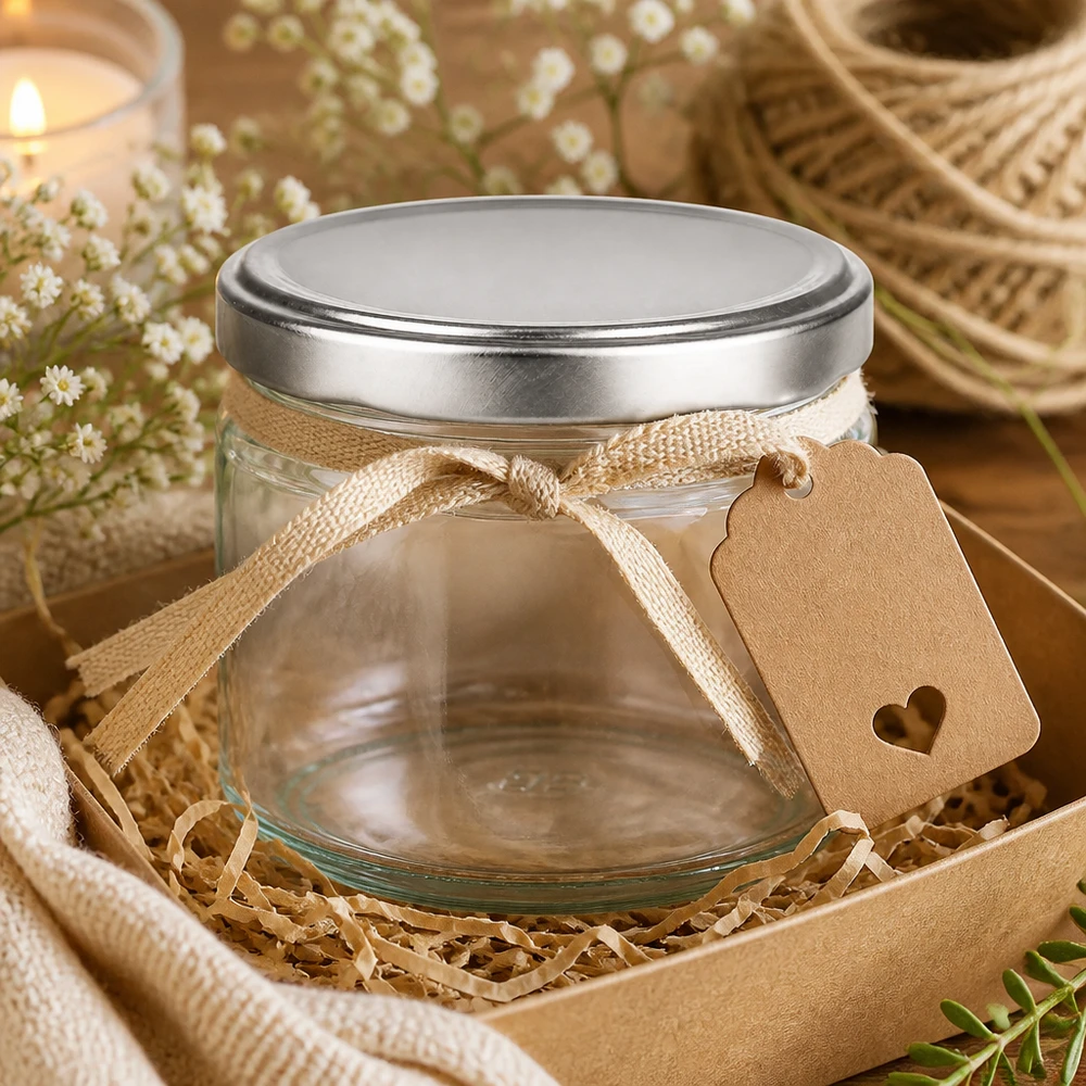 330ml Verre rond avec couvercle BasicSeal argent UNiTWIST Verre rond de 330 ml avec couvercle BasicSeal argenté, décoré d'un ruban et d'un pendentif dans une boîte cadeau