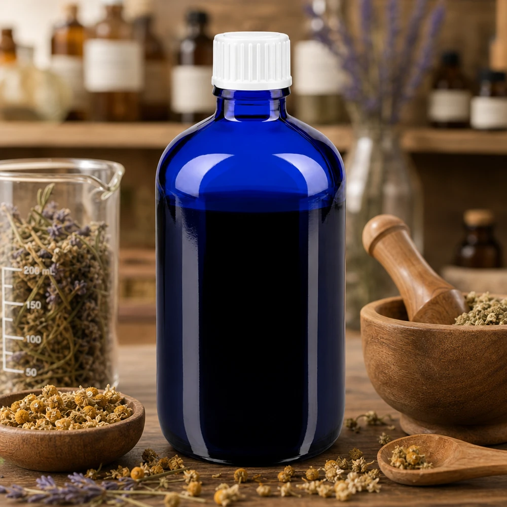 Flacon de pharmacie bleu 100ml bouchon vissable blanc Globuli Std Un flacon d'apothicaire bleu cobalt de 100 ml à côté d'un mortier, d'un gobelet doseur et de fleurs séchées