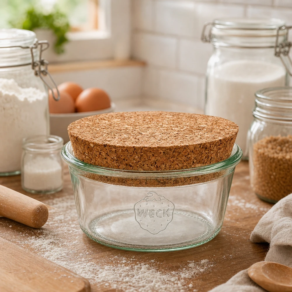 290ml bocal conique faible WECK RR80 avec bouchon nature WECK Verre renversé 290ml RR100 avec couvercle en liège dans la cuisine entre les œufs de farine et les bocaux à provisions comme accessoire de pâtisserie