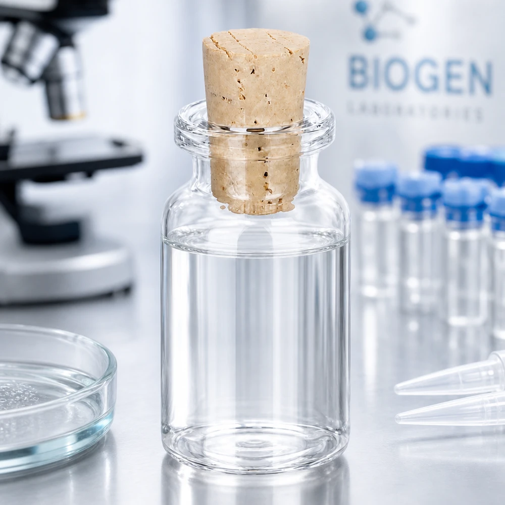 Apothekerflasche Klarglas 10ml mit Naturkorken 11/14mm teilweise mit Flüssigkeit gefüllt