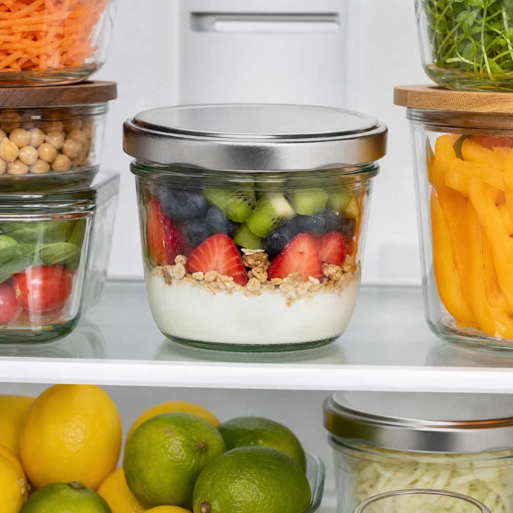 230ml pot renversé avec couvercle BasicSeal argenté dans le réfrigérateur avec Meal Prep stockage organisé pratique