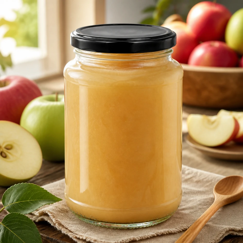 Bocal UNiTWIST de 320 ml avec couvercle BasicSeal noir et compote de pommes entourée de pommes fraîches