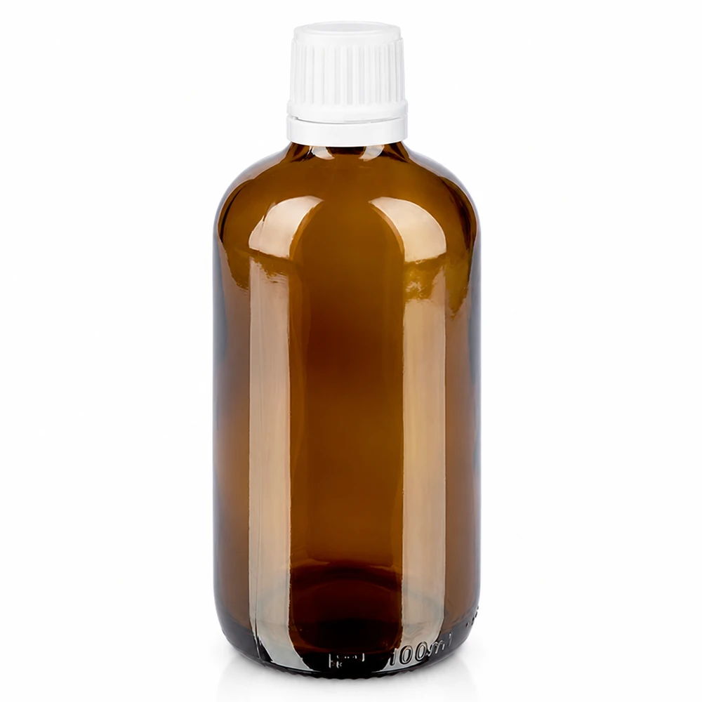 Flacon en verre brun de 100 ml avec bouchon d'inviolabilité blanc, destiné aux pharmacies