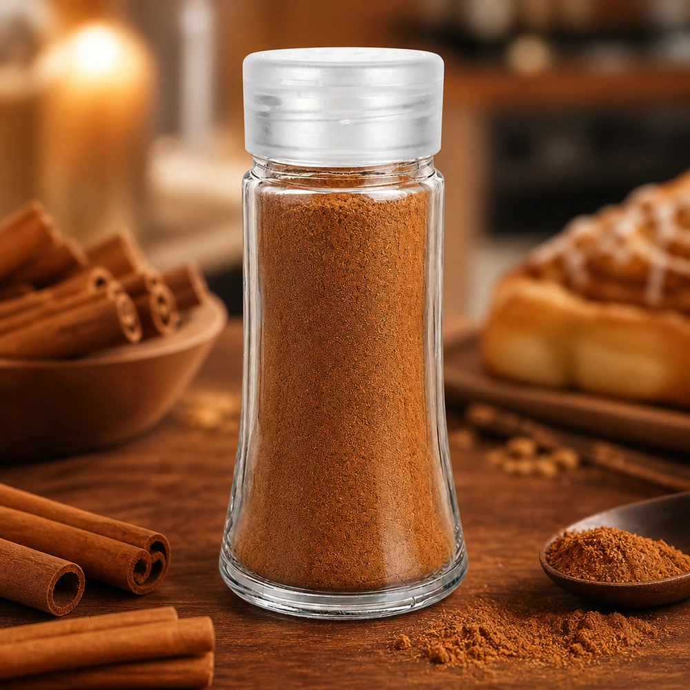 Cannelle en poudre dans un bocal à épices transparent de 95 ml, muni d'un saupoudreur en plastique blanc, posé sur une table en bois
