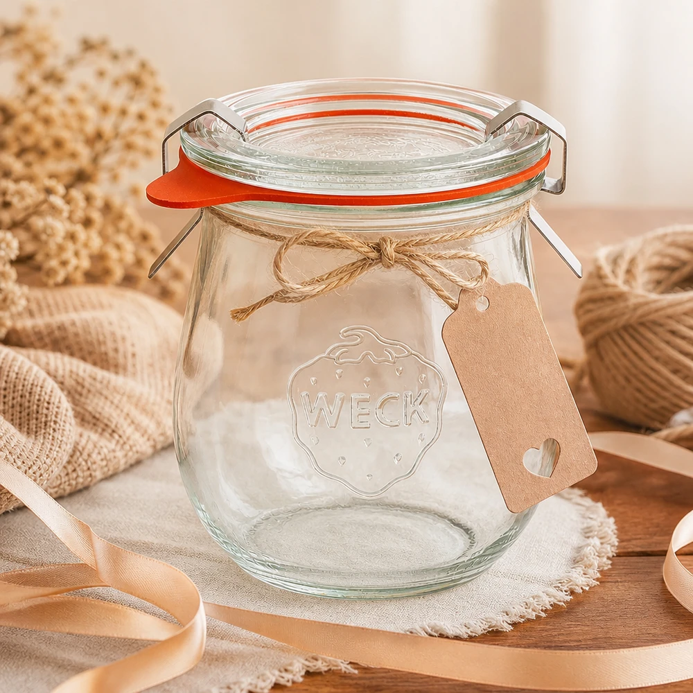 WECK Pot tulipe 220ml RR60 avec étiquette cadeau et noeud en jute arrangé de manière décorative sur une serviette en lin