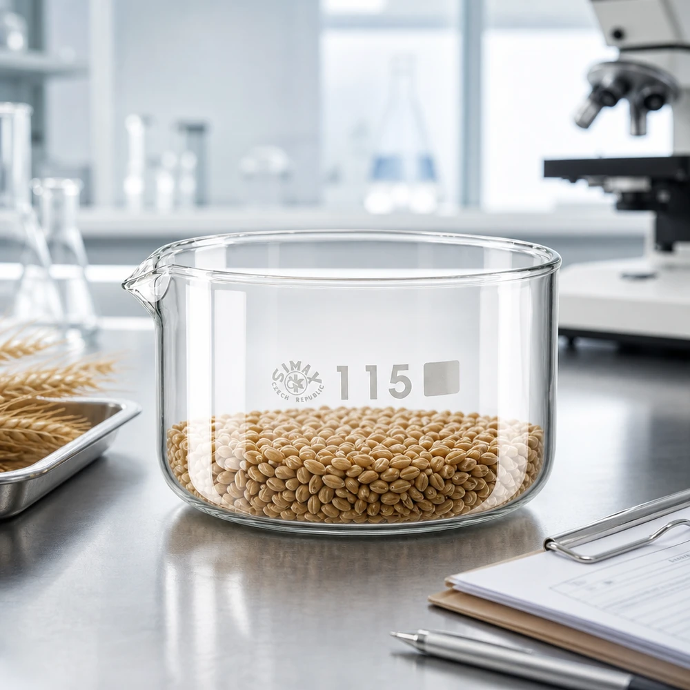 Grains de céréales dans un plat en verre plat de 500 ml – Laboratoire de contrôle qualité – Coupelle de cristallisation de 115 mm