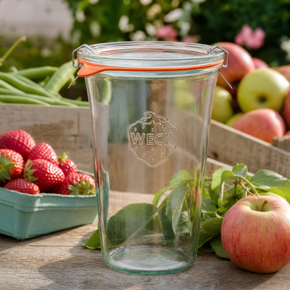 WECK Quadroglass 795ml RR100 avec fruits et légumes frais sur table en bois pour des réserves saines