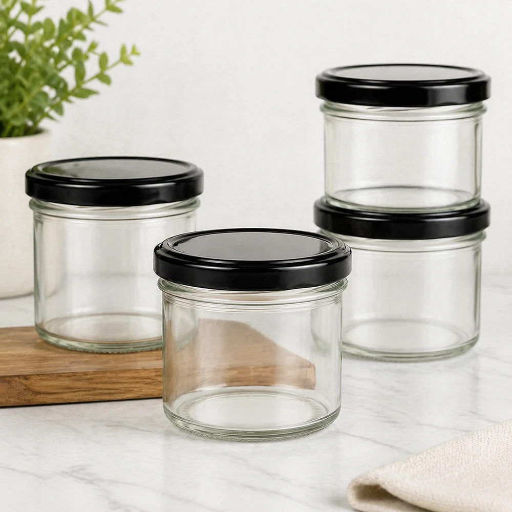 125ml Verre conique avec couvercle BasicSeal noir UNiTWIST Quatre verres larmés de 125 ml avec couvercles noirs BasicSeal empilés sur une planche en bois et une table en marbre Décoration de cuisine