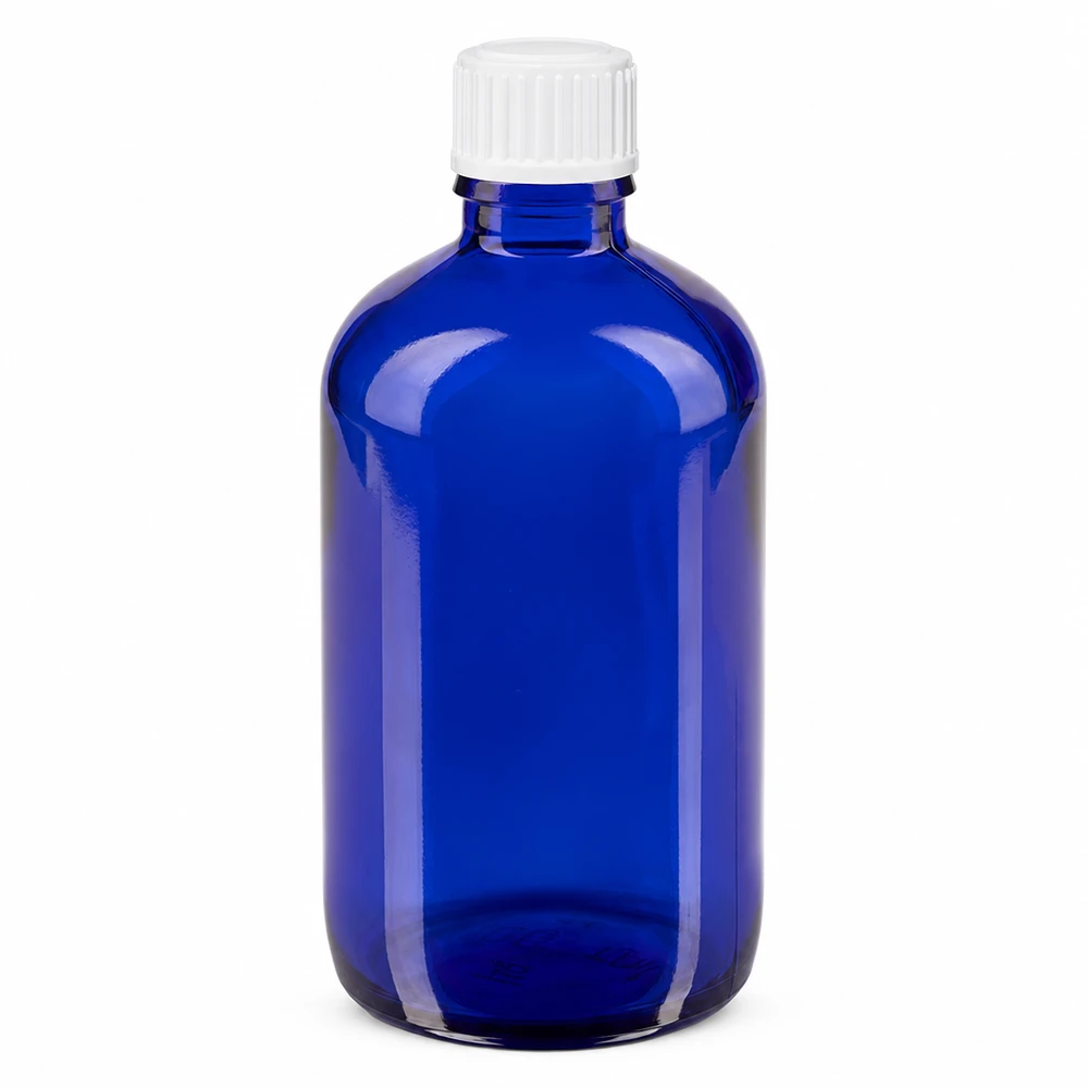 Flacon compte-gouttes bleu cobalt 100 ml STD avec bouchon à vis blanc à sécurité enfant ApoGlas