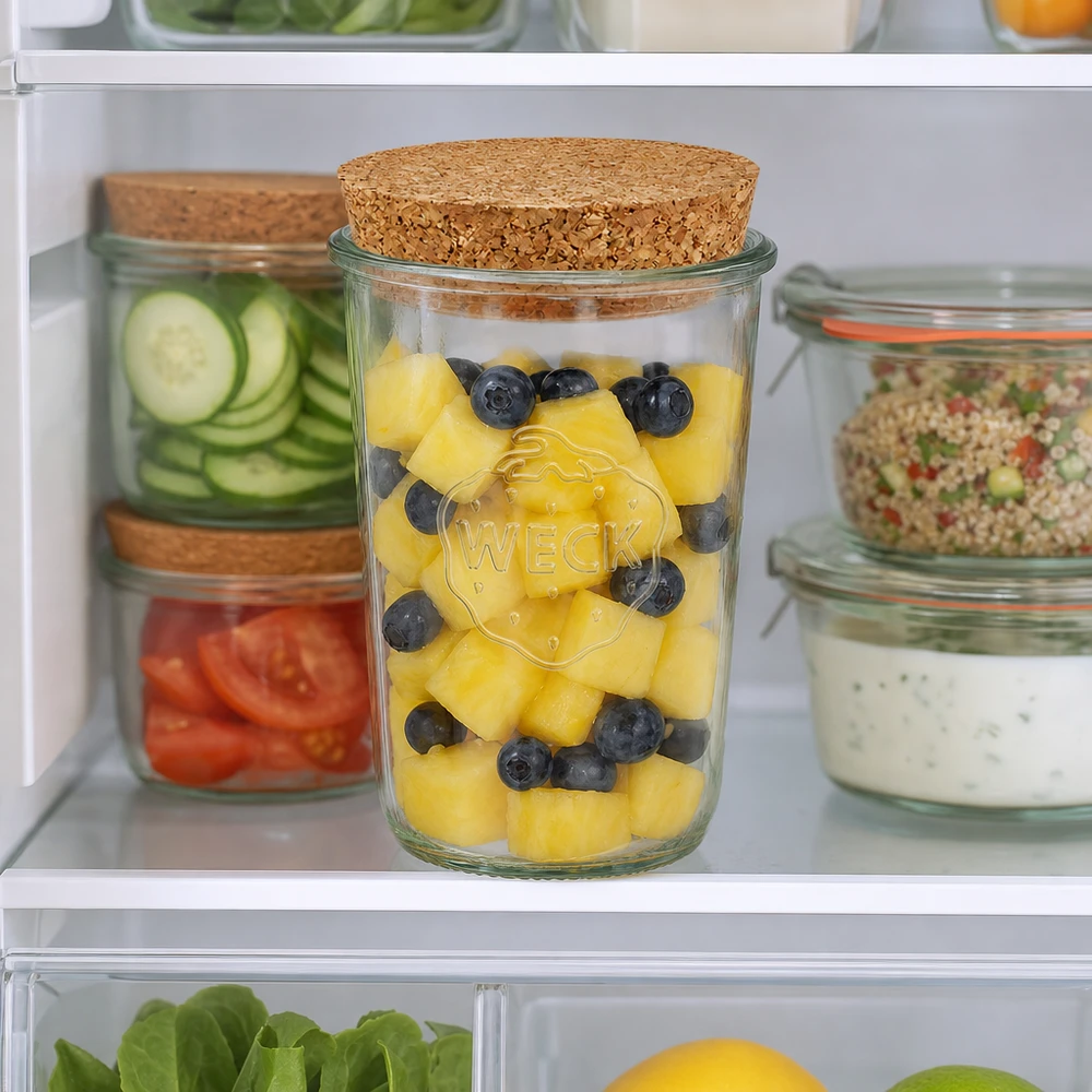 850ml bocal conique WECK RR100 avec bouchon nature WECK Pot renversé 850ml RR100 avec bouchon dans le réfrigérateur rempli d'ananas et de myrtilles à côté d'autres bocaux à provisions
