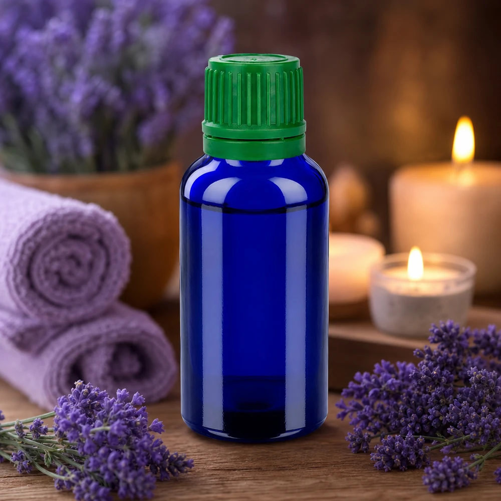 Flacon 30ml 11mm SV vert OV BlueLine UT18/30 Bouteille en verre bleu de haute qualité 30ml avec bouchon OV vert pour le bien-être et le spa