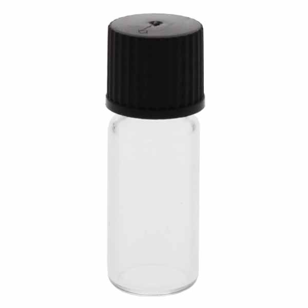 Flacons transparents filetés 1,5 à 2 ml, de 11,6 x 32 mm, livrés avec bouchon 136 noir et joint conique