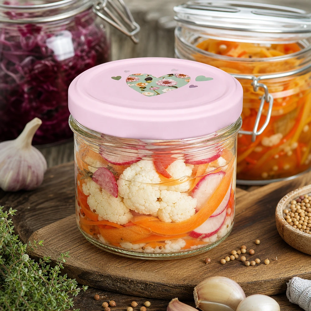 Verres de 225 ml + couvercle BasicSeal cur rose UNiTWIST Pot de 225 ml avec couvercle rose en forme de cœur pour les légumes marinés et la fermentation à côté des épices et des herbes aromatiques