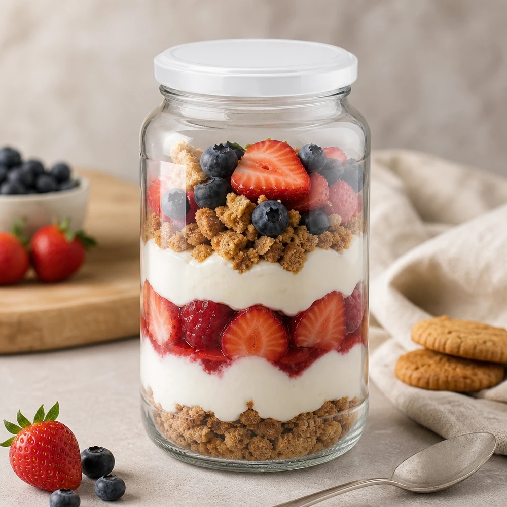 Verre rond de 1700 ml avec couvercle BasicSeal comme verre à dessert pour trifle aux baies remplie de yaourt et de miettes de biscuits